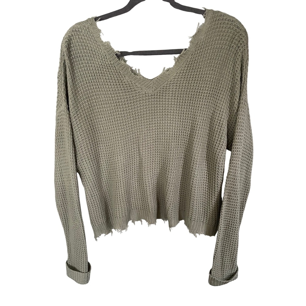 Moon & Madison Women Sage Green Distressed V-Neck Waffle Knit Sweater Small
